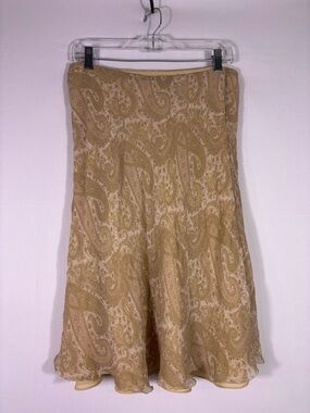 Lauren Ralph Lauren 100% Silk Paisley A-Line Skirt Tan Beige Boho Midi Size M
